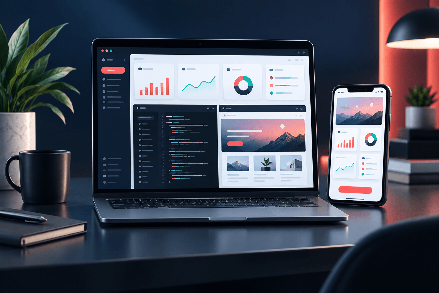 Responsive website and software dashboard preview on laptop and phone